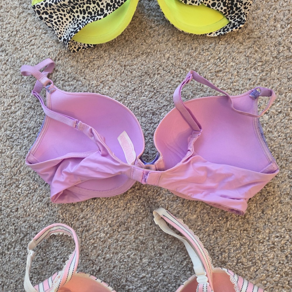 Victoria's Secret Push Up Bra 34C Leopard Lace Stripe Purple Pink Lot of 3pc - Picture 10 of 14